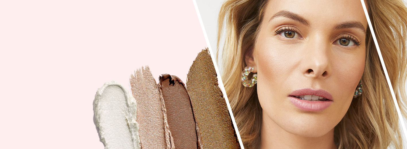 Modelka se vzhledem Shine & Seek od Mary Kay vizážisty, s rozetřenými vzorky produktů